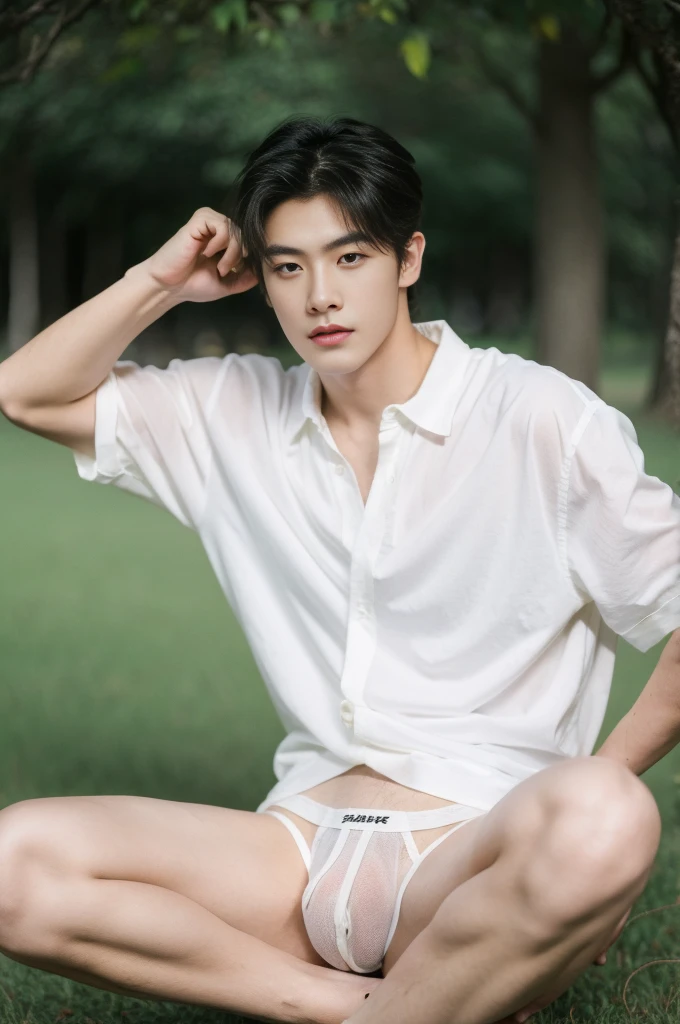 Asian muscular boy sitting on grass, sexy, Dark eyebrows, white shirt, wearing white thong high cut underwaer, white high cut Jockstrap, muscular young male, mid shot portrait, high quality portrait, Attractive pose, cute young man, gorgeous young model, portrait a 25 - year - old boy, casual photography, Realistic. Cheng Yi, cute young man, ((wearing micro string thong))