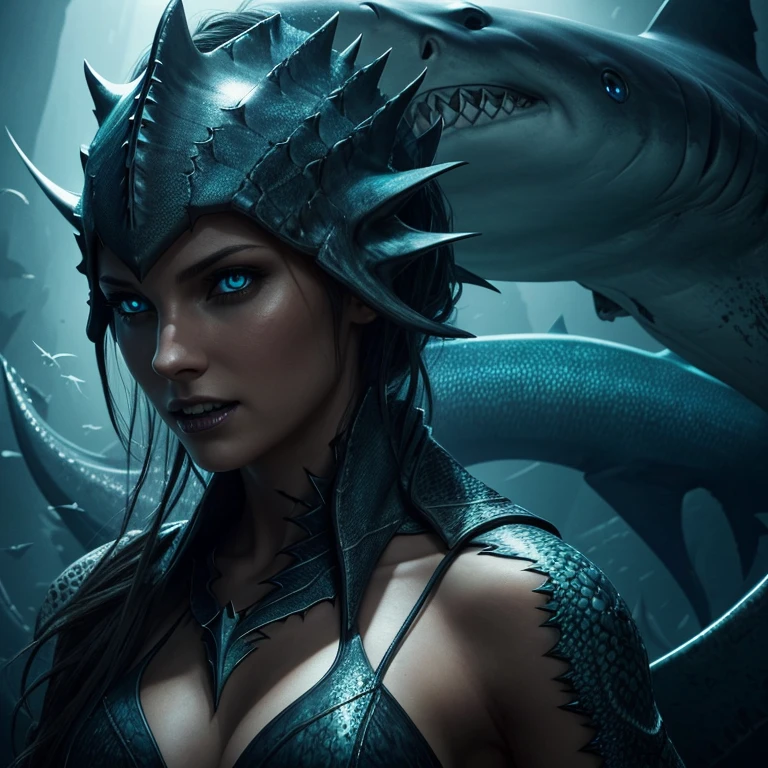 a beautiful woman with shark features, photorealistic, hyperdetailed, 8k, dramatic lighting, cinematic, mystical, glowing eyes, sharp teeth, detailed scales and fins, dark and moody atmosphere, surreal and fantastical, digital art