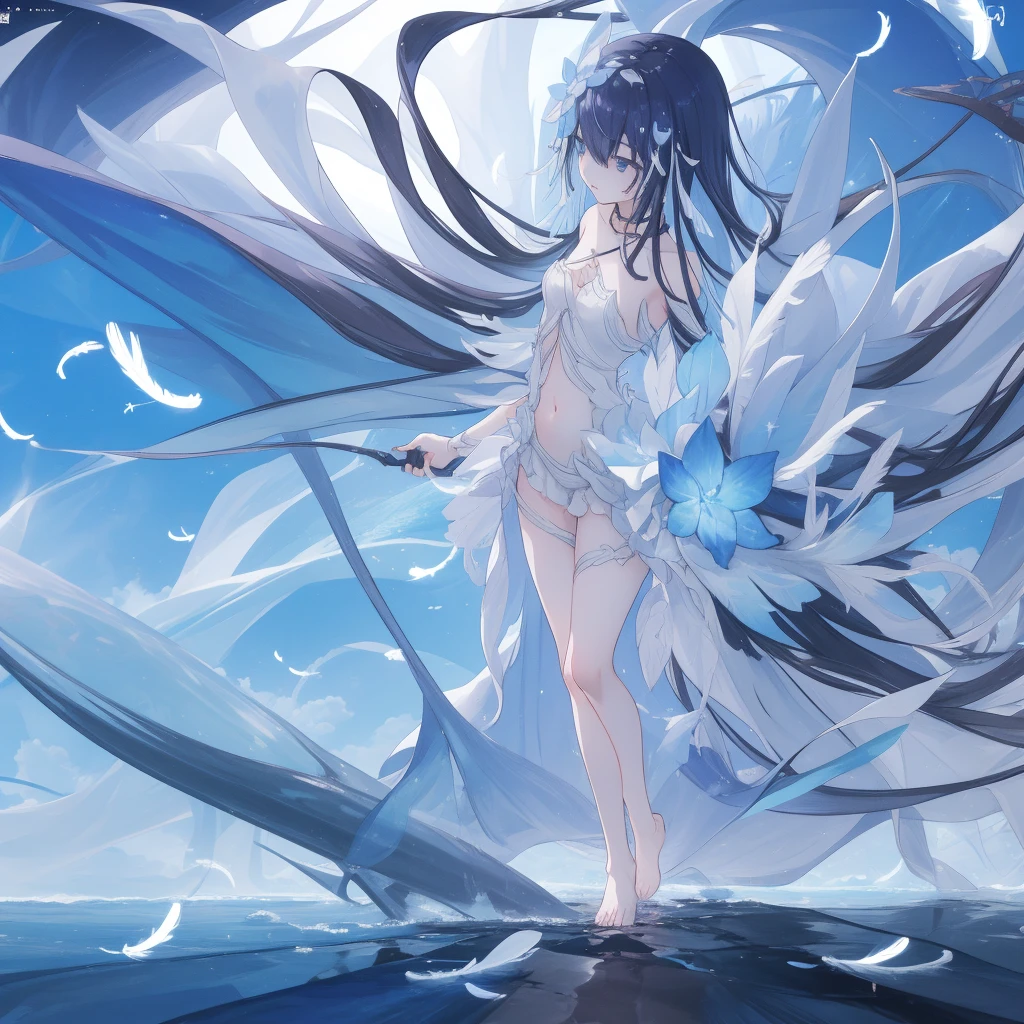 ((A far view)) of a anime girl, (standing in the water), cinematic light, slim body with curves, skin perfectly white, soft, and smooth, Extremely delicate and beautiful CG illustration, best quality, high resolution, dynamic angle, full-length lens, (1 girl), soft light, high-key lighting), glowing light, blue aura, feathers fluttering background, blue crystal, black long hair, barefoot