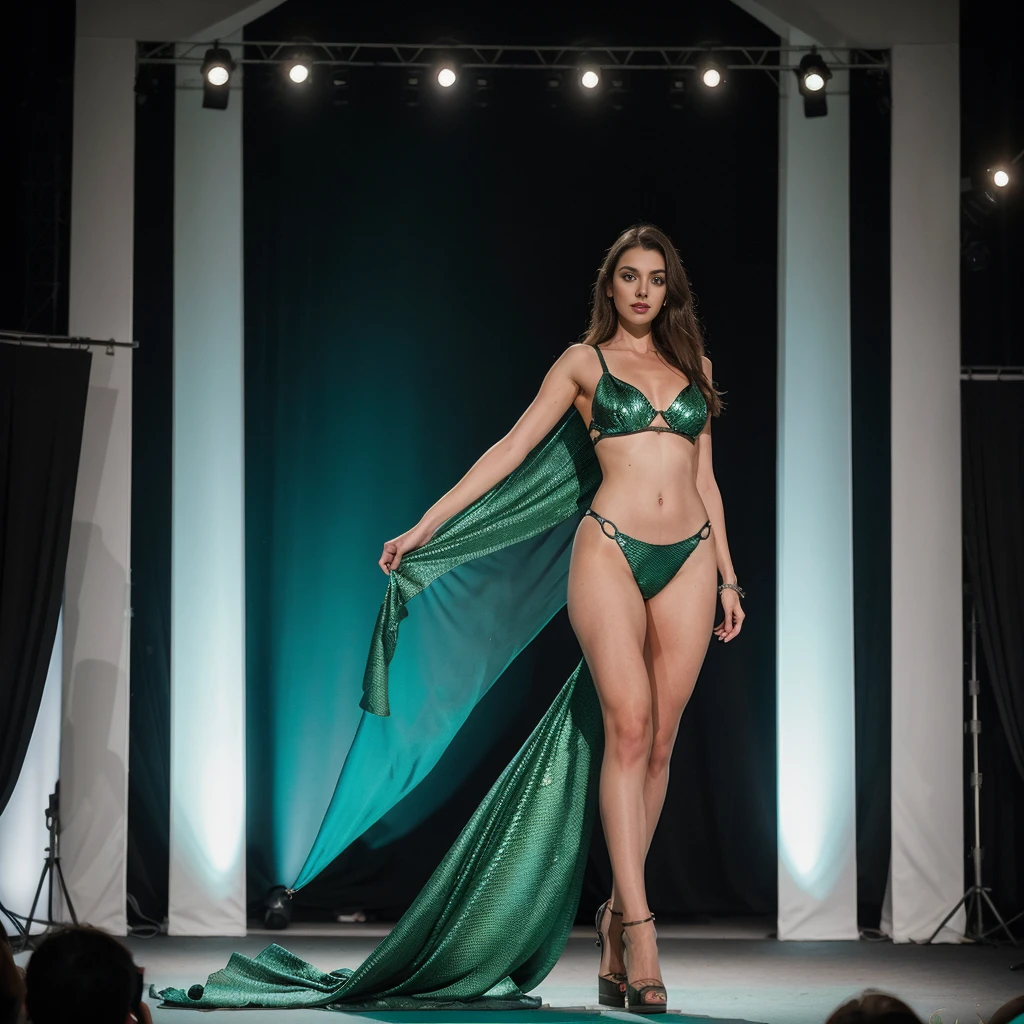 27 year old woman, habillée d'une tenue de designer, bijoux sur tous le corps, medium long wavy light brown hair, the green eyes, square face, mannequin, walks on a podium, super detailed, full body, full  body, pose de mannequin de luxe, hourglass body, athletic, voluptueux, Ambiance luxueuse, Photograph, ethereal lighting, full hd max, jungle haute couture fashion show background, haute couture, just one woman, no audience, glamour sexy, Artistic, Mermaid, queue de poisson, green scales, sing