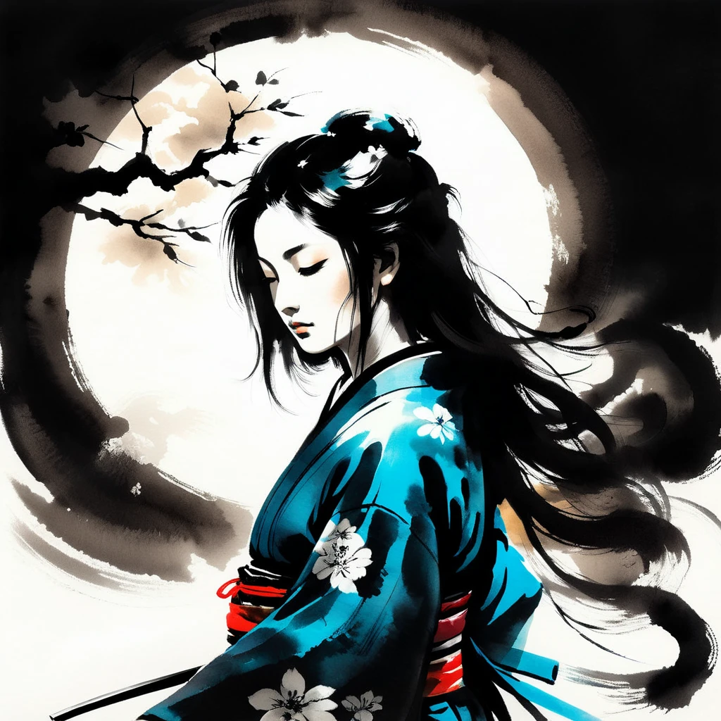 Top quality, masterpiece, samurai girl, long black hair, kimono, meditating in the dark, eyes closed, sumi-e, double exposure, shining light