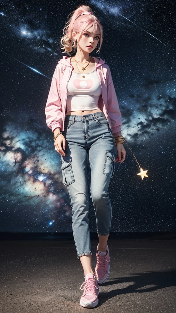((Holding a cute orange bantam cat)),((Highest quality,masterpiece,Full frontal view of a blue-grey super-long high ponytail mature beauty with straight hair and big breasts,Air bangs,Slightly curly hair on double sideburns,Hair ends curled in,Gray and pink short T-shirt,Light blue denim gray hooded jacket,Black and gray cargo pants,Pink and white sneakers)),Simple, small and exquisite round necklace,Little star earrings,Wearing a very thin gold bracelet on the right hand,starry sky galaxy background