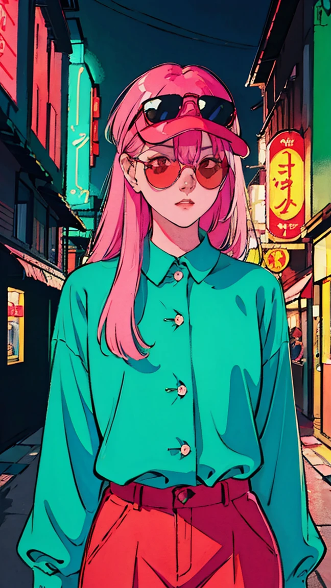 a beatiful  woman pink long straight hair, with tattoos, wearing a Blue Jersey and red sunglasses, a city behind her, in the style of neon realism, charming characters, action, gadgetpunk, solapunk, colorful street scenes, crimson and amber, NeonNoir, soft lighting, night, nighttime, realistic, red lighting, green lighting, hard shadow, masterpiece, best quality, Intricate, modelshoot style, vintage, film grain, Incomplete details