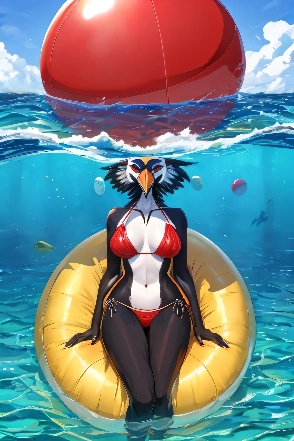 Serene, a sexy female anthropomorphic American Red-Crowned Crane in her red bikini, is Sandwiched between 3 giant beach balls in a giant Inflatable water walking ball.