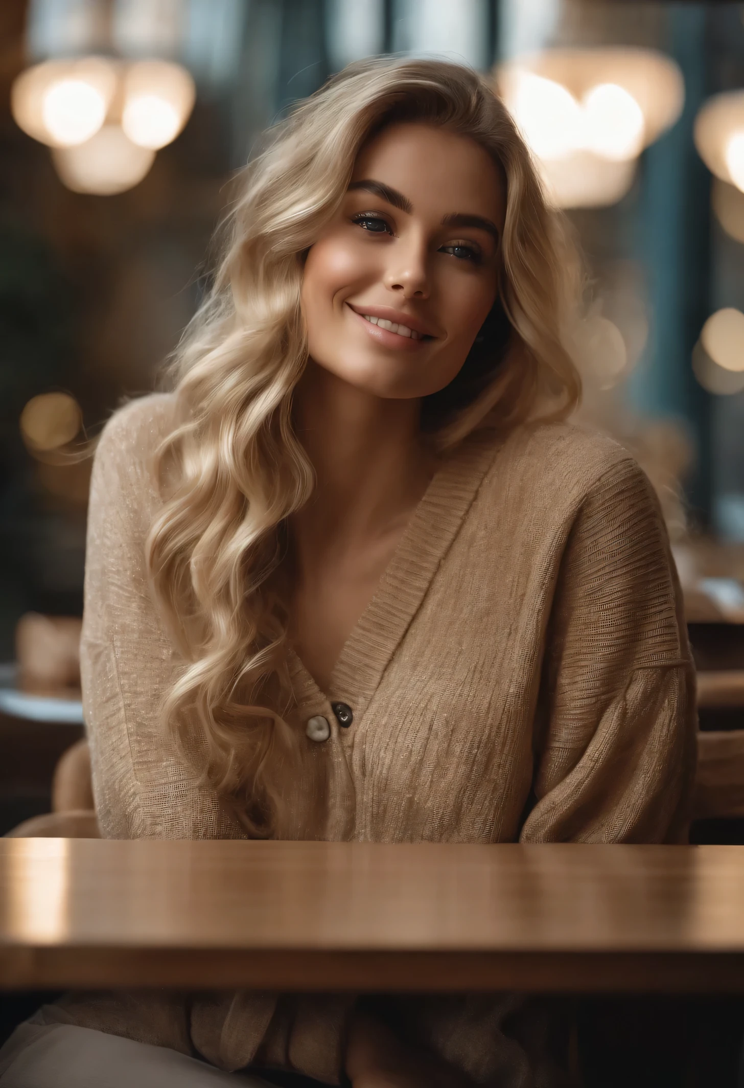 Beautiful brunette with blonde highlights wearing a beige sweater (in a cafe drinking soda), very detailled, 22 years old, inoccent face, natural wavy hair, blue colored eyes, high resolution, work of art, best qualityer, high and intricate details, highy detailed, sharp focus, skin detailed, realistic skin texture, texture, detailedeyes, proffesional, 4K, charming smile, filmed in canon, 85mm, Shallow depth of field, Kodak Vision Colors, perfect shape body, extremely detaild, fotr_\(ultra\), photorrealistic, realisitic, after treatment, maximum details, roughness, real-life, ultra realist, fotorrealism, fot, 8k hd, fot