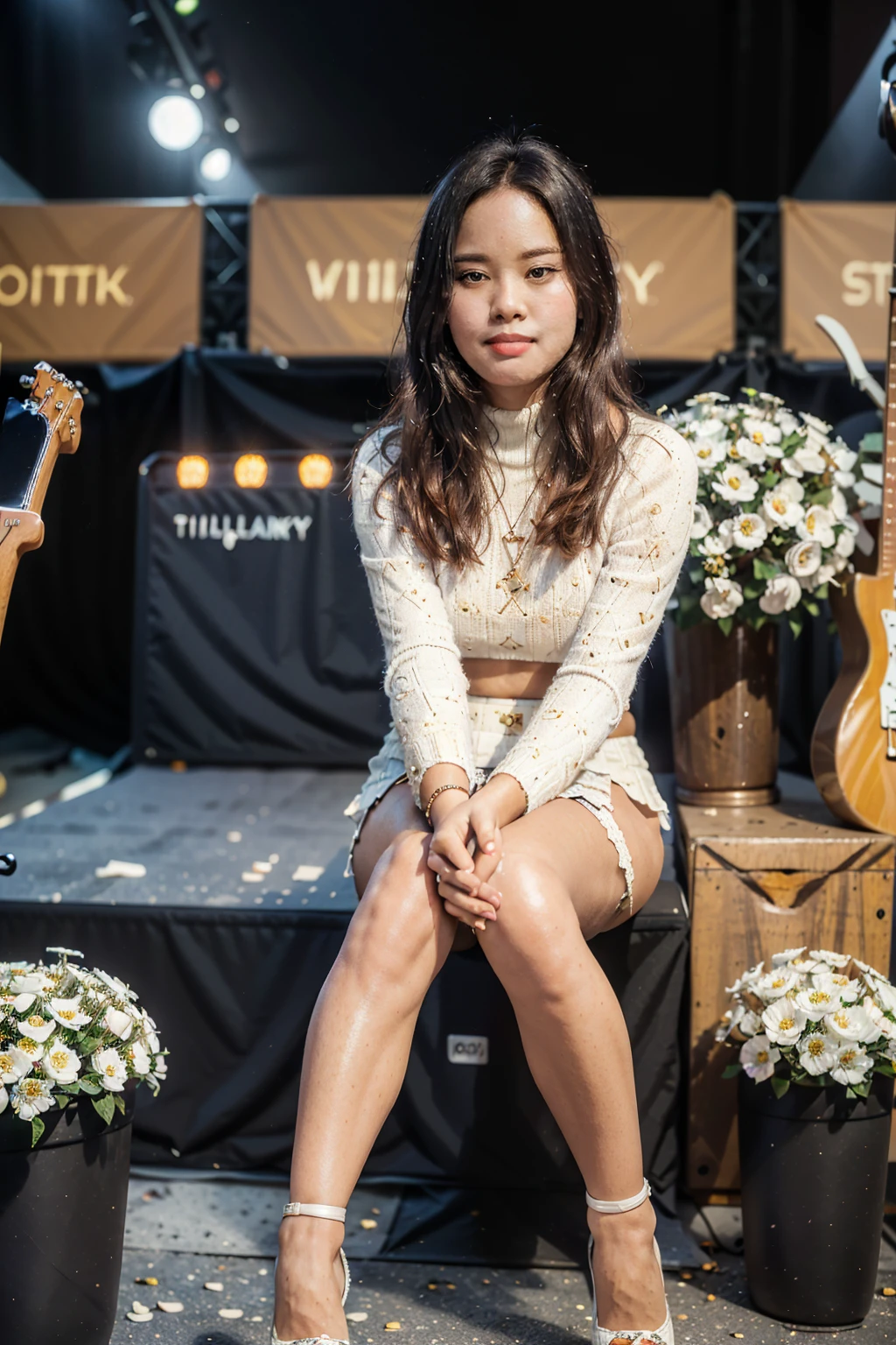 masterpiece, best quality, ultra detailed, high resolution, 1 girl, ((pretty lady MoonLay)), Burmese girl, ((pretty lady MoonLay's seductive sweet face with sweet smile:1.2)), ((playing guitar:1.5)), ((singing with confident)), ((electric guitar)), ((stage background:1.5)), golden hour setting, 8k, (black sweater turtleneck tight blouse), ((many white flowers pattern printed on black mini tight skirt:1.2)), (sitting on stylish stage stool), (((crossing legs:1.5))), (stiletto high heel), ((full body tilted front view:1.5)), ((blur background with star shaped bokeh effect to highlight portrait better)), (vibrant HDR lighting),