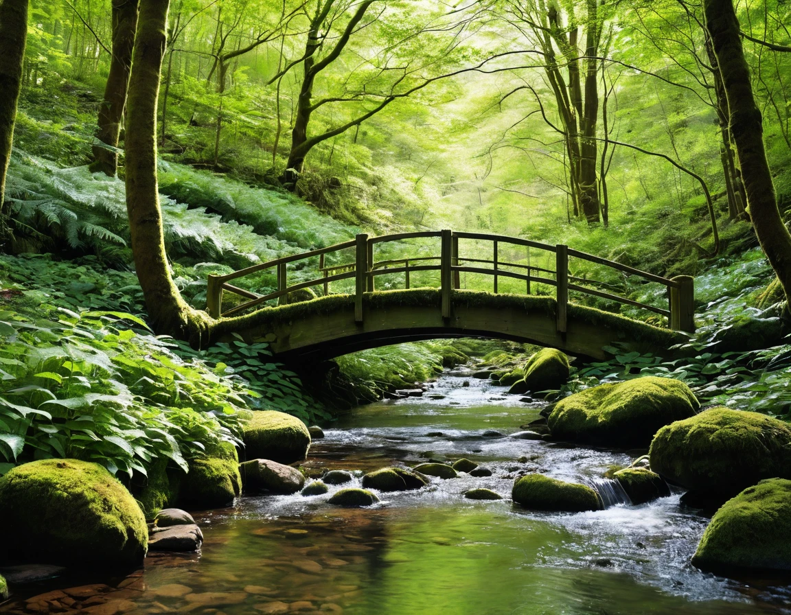 A photography of a small bridge over a stream running through a dense forest bathed in the smooth sunlit filtering through the canopy. The image should capture the play of light and shadow on the foliage and forest floor, with wildflowers, mosses and bare rocks amidst the undergrowth. Springtime, The lush forest should be teeming with life, the air filled with the sounds of rustling leaves and birdsong. Use a high-resolution 8k camera, a raw style, vibrant colors, particles, cinematic light and fantasy aesthetics, high contrast, high saturation, hdr