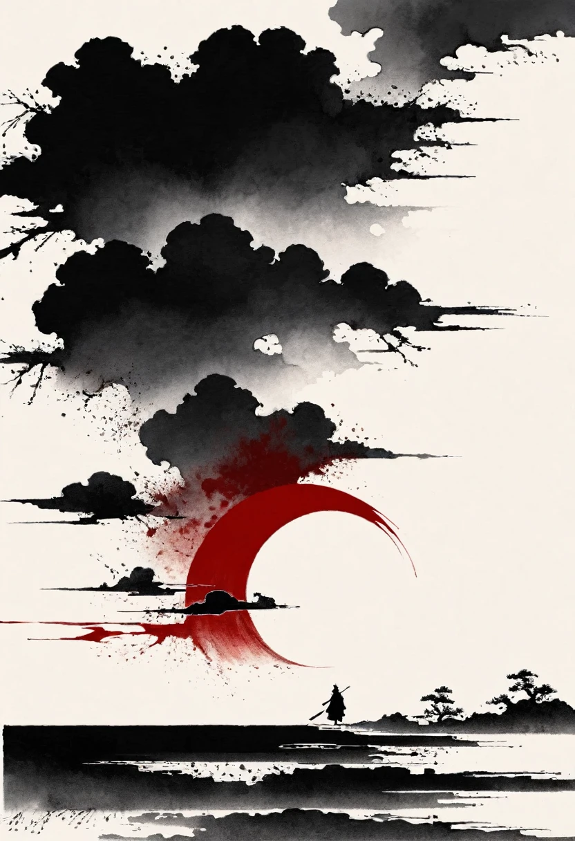 中国Ink Painting, Gray and White, Minimum,White background,The Trail, Minimalism, Huge negative space, Ink Painting, Abstract,Blood-stained sunset,solitary Man