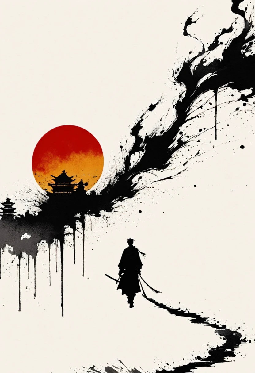 中国Ink Painting, Gray and White, Minimum,White background,The Trail, Minimalism,  Huge negative space, Ink Painting, Abstract，Blood-stained sunset，solitary Man