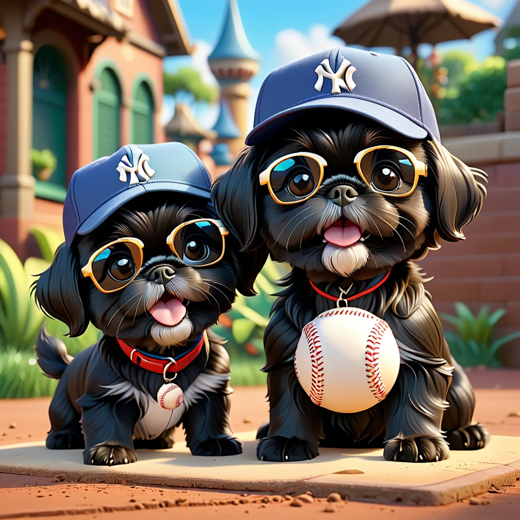 2 Adorable small black Shih Tzu puppies wearing baseball cap and sunglasses playing in all pit Disney background 3d cartoon 3d render disney pixar style