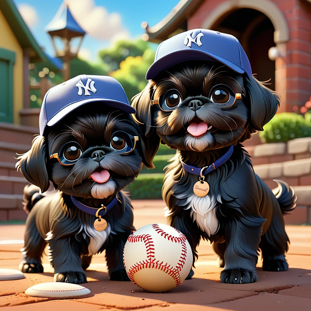 2 Adorable small black Shih Tzu puppies wearing baseball cap and sunglasses playing in all pit Disney background 3d cartoon 3d render disney pixar style