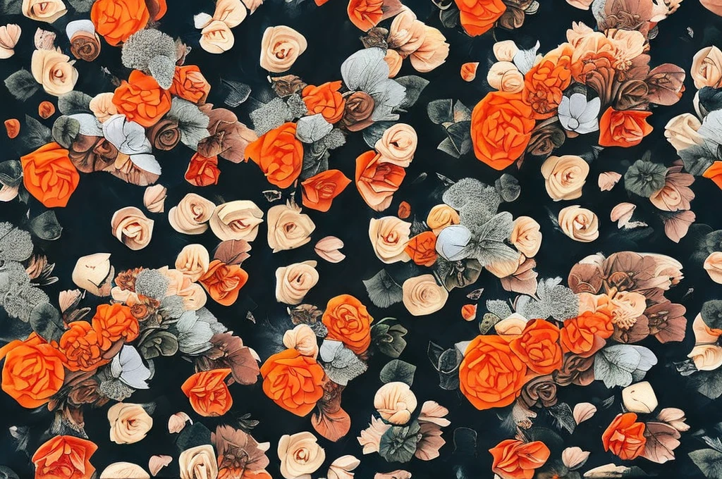 an art of an orange flag with a highly detailed gradient with only orange variations ,with flower petals drawn in black across the flag as if they were being carried by the wind ,the petals are highly detailed, The banner has a flower in the middle, the flower is rich in detail and in high resolution 