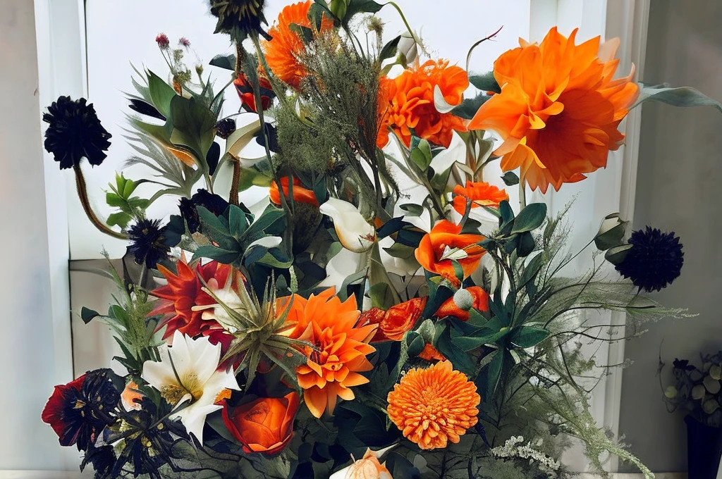 an art of an orange flag with a highly detailed gradient with only orange variations ,with flower petals drawn in black across the flag as if they were being carried by the wind ,the petals are highly detailed, The banner has a flower in the middle, the flower is rich in detail and in high resolution