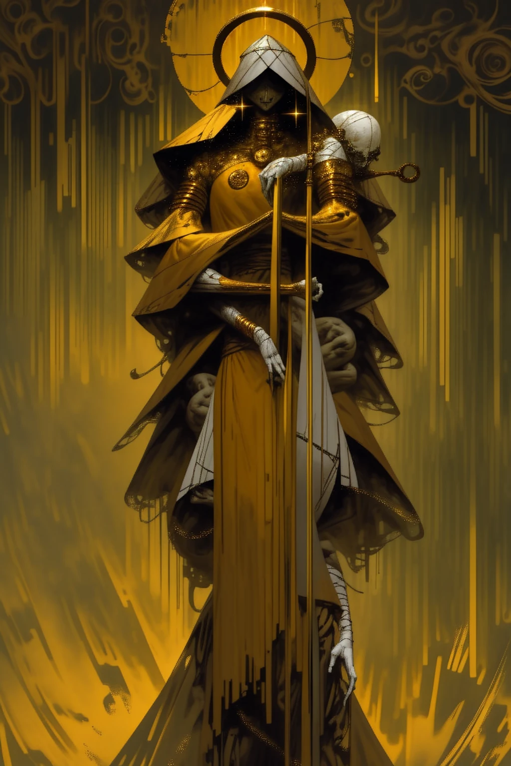 a tall menacing figure, wide shoulders, frail body, gaunt, body is withering/decaying, covered head to toe in a tattered yellow cloak, tattered yellow hood over the head, scrappy yellow veil hanging over entire face, face completely (concealed), old yellow stained bandage wraps loosely cover arms, many golden bangles loosely hanging off both forearms, covered in golden jewelry, old decrepit hands, a giant golden sunset behind them, decaying entity, flowing yellow cloak over entire body, divine being, cosmic horror