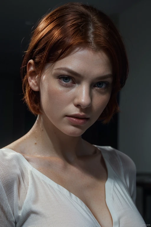 1 girl, Lilu the fifth element, redheaded woman, short hair, red hair, blue eyes, looking at viewer from above, head and shoulders portrait from above, Milla Jovovich, white suit, white clothing, thin, slender, proportionate, realism, (best quality,4k,8k,highres,masterpiece:1.2),ultra-detailed,(realistic,photorealistic,photo-realistic:1.37),cinematic lighting, dramatic lighting, vivid colors, intricate details, porcelain skin, flawless skin