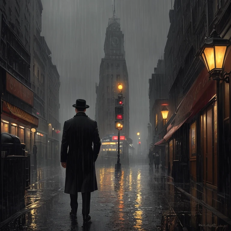(masterpiece,best quality: 1.2), ultra-detailed face, (muted colours:1.2, dark studio, rim lighting, two tone lighting, dimly lit, low key, ((heavy rain weather)),long leather rain coat, a poster for a 1930s \(style\), noir detective movie,(noir atmosphere:1), gloomy atmosphere,night city street, emphasis on noir colors,
New York in the 1930s, and Detective Jack Sullivan just returned to his office after a long day of pounding the pavement, trying to solve the latest case that had been thrown his way. It was a tough one, and he was no closer to finding the perpetrator than he was when he started, trending on ArtStation, trending on CGSociety, Intricate, High Detail, dramatic, photorealistic painting art by midjourney and greg rutkowski ((more detail, enhnaced_poster))