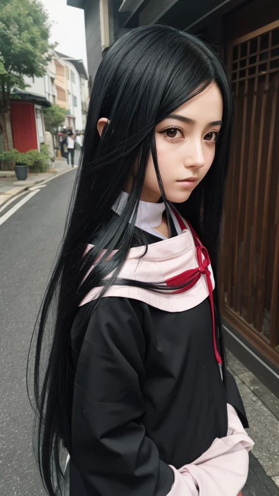 Girl, long black hair, Itachi&#39;s female appearance, black and red robes, sharingan eyes, background in konoha