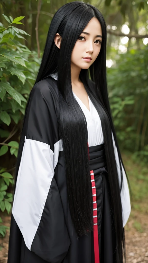 Girl, long black hair, Itachi&#39;s female appearance, black and red robes, sharingan eyes, background in konoha