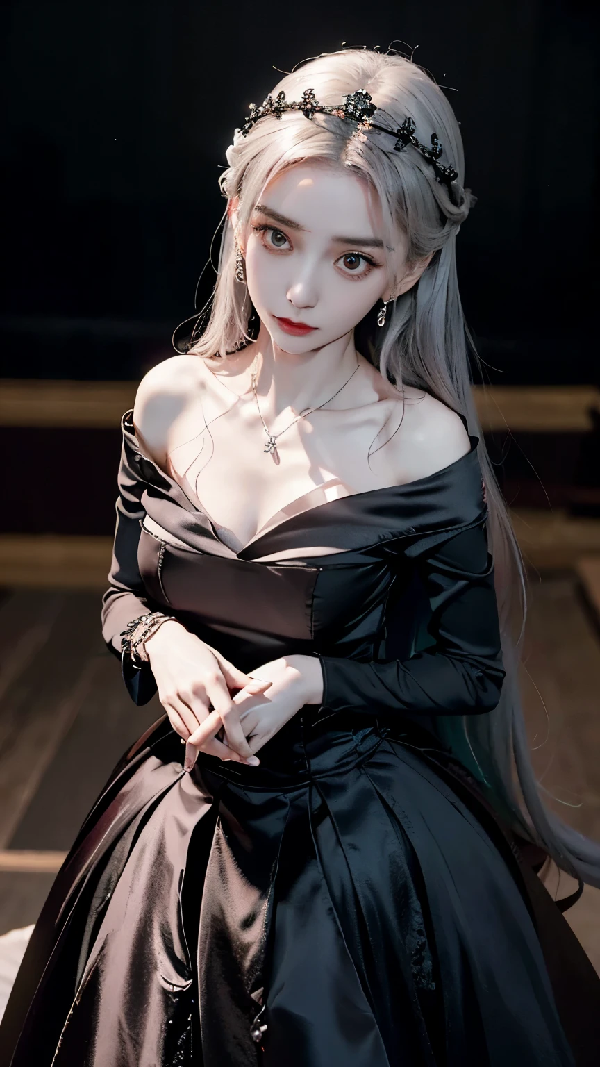 **shalltear bloodfallen**³. She's  and a true vampire and the Keeper of the Floor from the first to third floors of Nazarick's Great Tomb². 
Fortress of the Great Tomb of Nazarick
Shalltear has the appearance of a pale-skinned young woman, cabelos loiros platinados e olhos vermelhos. She wears a white gothic dress with red and black accents, que destaca suas curvas e seios volumosos. She also wears a tiara with a red jewel, brincos de argola, a necklace with a heart pendant, bracelets and rings. Ela tem duas presas afiadas que podem ser vistas quando ela sorri ou ri. Ela carrega um cajado negro com uma esfera vermelha na ponta, What is your main weapon².

Shalltear has a very flirtatious personality and is open with his sexual preferences, muitas vezes para o desconforto de seus colegas, incluindo seu mestre Ainz. She is in love with Ainz and vies for her attention with Albedo, the Overseer of the Guardians. She also likes blood and fresh meat, and has a tendency to torture its victims before killing them. )))A perfect and definitive idol that captivates everyone,olhos brilhantes super detalhados sem defeitos, lugar sombrio e misterioso. Realista Overlord Anime Setting, Dramatic and sinister nighttime ambient lighting giving an air of suspense and horror movie, Olhar ganancioso convidando um homem、cabelos intrincados、９Perfect head and body figure、Linha de Corpo Perfeita、 Figura fina、Enfatizar a clivagem、Tiroteio RAW、photorealistic cinematic render、hyperrealistic rendering、foto retrato、night time render、Fotos gerais coesas、texturas de pele realistas、alta qualidade、alto detalhado、mais alta qualidade、alta resolubilidade、HDR 8K、Rastreamento de raio、canon, NSFW