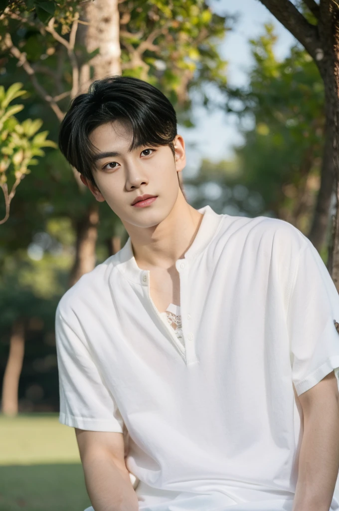 Asian muscular boy sitting on grass, sexy, Dark eyebrows, white shirt, wearing white thong high cut underwaer, white high cut Jockstrap, muscular young male, mid shot portrait, high quality portrait, Attractive pose, cute young man, gorgeous young model, portrait a 25 - year - old boy, casual photography, Realistic. Cheng Yi, cute young man, ((wearing micro string thong))
