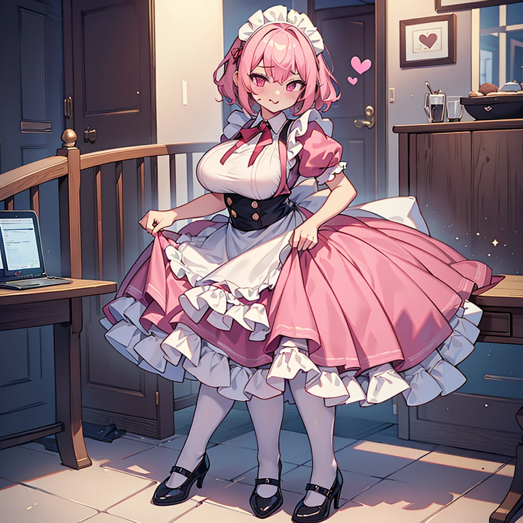 ((masterpiece)), ((best quality)), ((highly detailed)), (original), ((delicate background)), ((extremely detailed 8K wallpaper)), sweet, depth of field, BREAK maid, ((classic maid clothes)), ((scanty clothing)), lots of frills, ((huge breasts)), BREAK curly hair, faint pink hair, short hair, BREAK ((heart-shaped eyes)), pink eyes, tongue out, blush, sweating, BREAK 1girl, solo, cute girl, 15 years old, shiny skin, BREAK full body shot, on the bed, looking at the viewer,