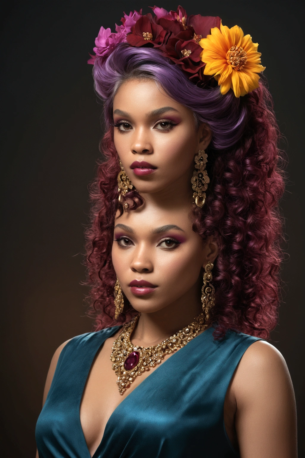 ((masterpiece)), (best quality), official art, extremely detailed CG, unity 8k wallpaper, ultra detailed, 
fashion_girl,  colorful hair,  jewelry,  flower,  bold makeup, burgundy theme,  deep shadow,  dimly lit,  shade, 
portrait, (upper body:1.5), (full body:1.5),  
 