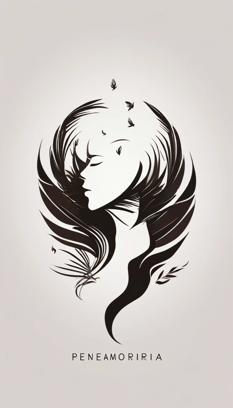 A minimalist, fantastic, poetic, dreamy, captivating, memorable, masterpiece, modern, simple logo design of a boy and a feather for the brand “Penamemoria". The logo must convey a sense of music, stories and dreams. Minimalistic logo design of a boy and a feather.