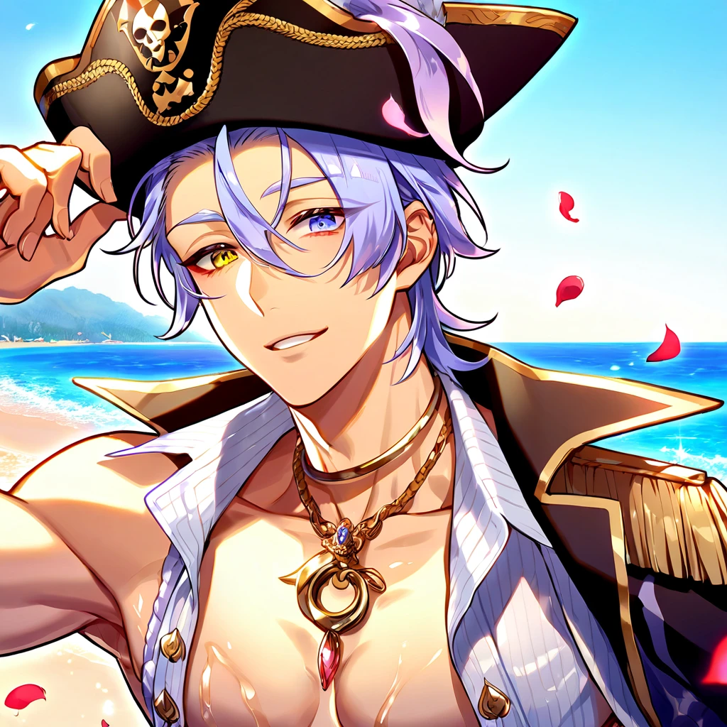 absurdres, highres, ultra detailed, HDR, master piece, best quality, detailed face, delicate features, Kuya, light-purple hair, heterochromia, left eye yellow, right eye blue, Nu Carnival, fox ears, solo, sexy man, handsome, horny, toned chest, handsome smile, fantasy pirate clothes, pirate hat, sea, beach, petals