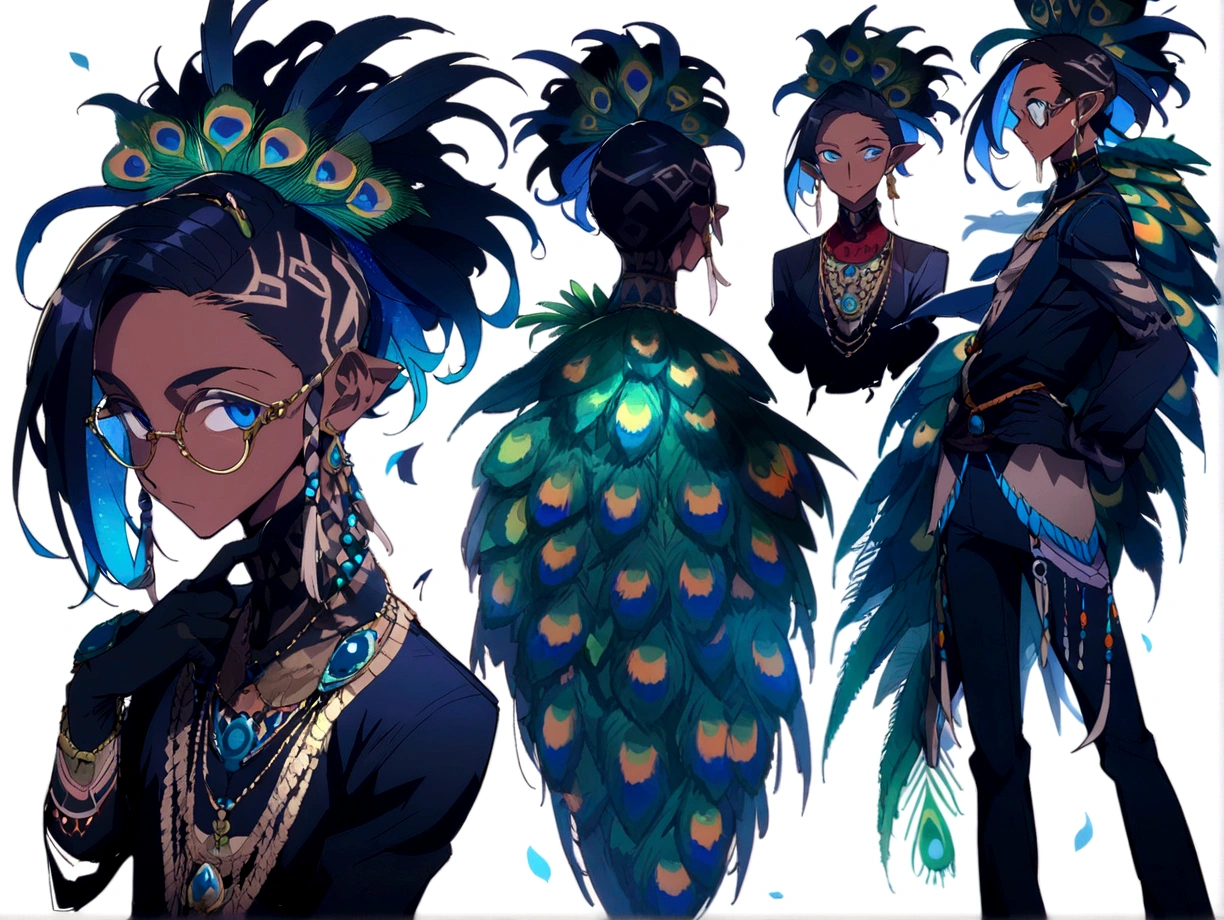 Closeup of a man with a peacock on his head, Detailed anime character art, professional character design, anime character design, high quality character design, showy! character design, character designs muy detallado., detailed character design, anime tribal boy with long hair, Clothing with the image of a peacock wizard., animated concept art, mejor anime character design, showy concept art