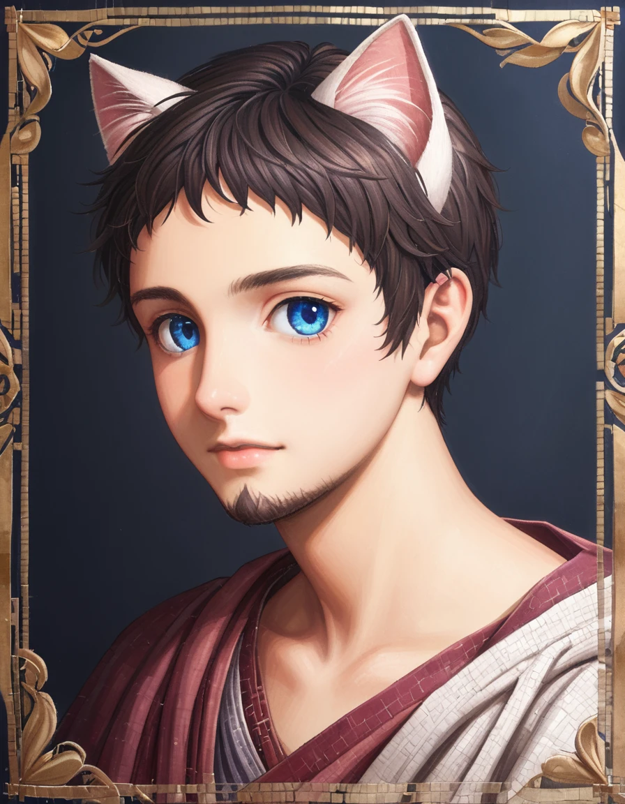 detailed illustration, dynamic angle, ultra-detailed, illustration, clean line art, shading, anime, detailed eyes, detailed face, beautiful face, dramatic lighting, detailed illustration, dynamic angle, ultra-detailed, illustration, masterpiece, masterwork, beautiful, blue eyes, whole body shot
Neko, cat boy, dressed in purple silk robes, gold leaf inlay mosaic, Byzantine mosaic, has a beard, cat ears, cat tail, cat eyes, Byzantine monk