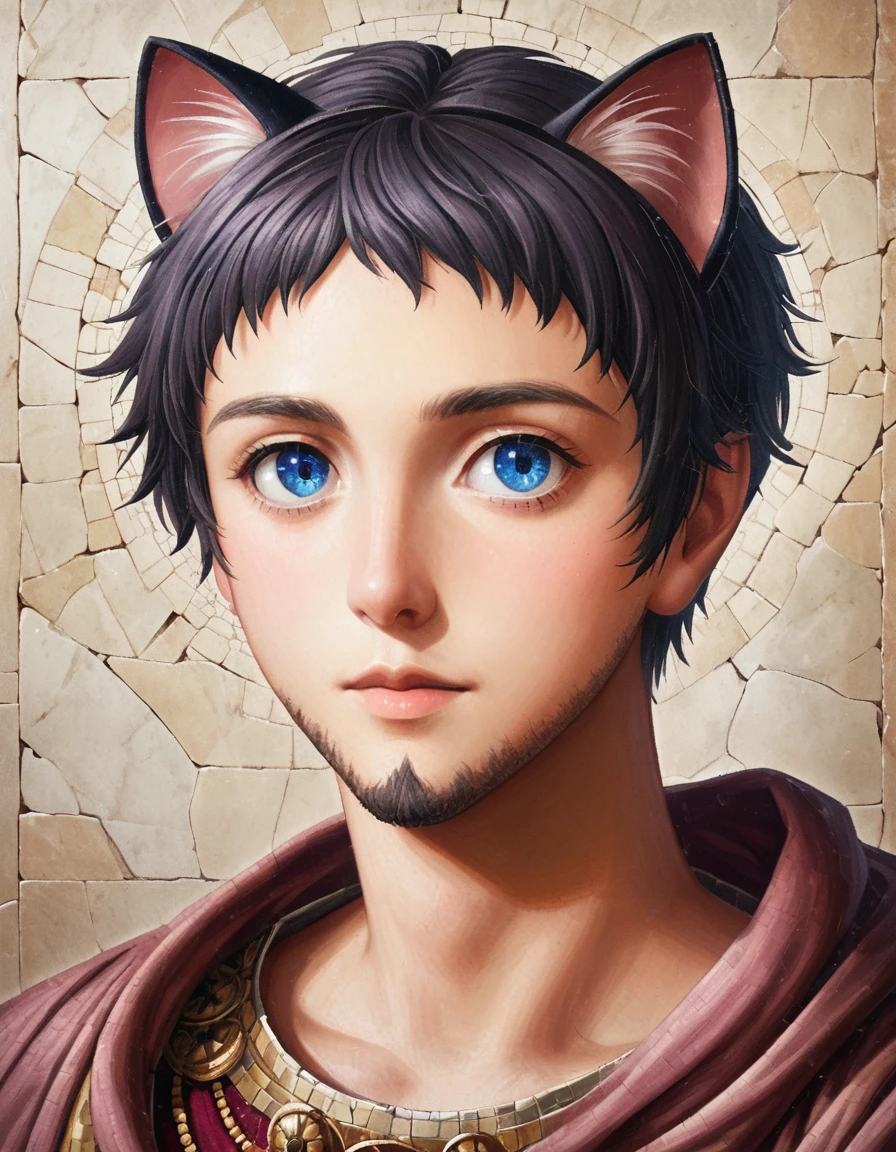 detailed illustration, dynamic angle, ultra-detailed, illustration, clean line art, shading, anime, detailed eyes, detailed face, beautiful face, dramatic lighting, detailed illustration, dynamic angle, ultra-detailed, illustration, masterpiece, masterwork, beautiful, blue eyes, whole body shot
Neko, cat boy, dressed in purple silk robes, gold leaf inlay mosaic, Byzantine mosaic, has a beard, cat ears, cat tail, cat eyes, Byzantine monk