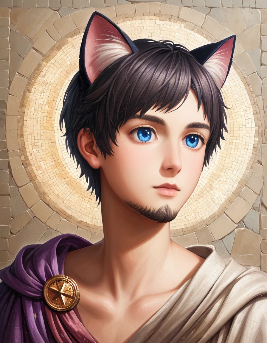 detailed illustration, dynamic angle, ultra-detailed, illustration, clean line art, shading, anime, detailed eyes, detailed face, beautiful face, dramatic lighting, detailed illustration, dynamic angle, ultra-detailed, illustration, masterpiece, masterwork, beautiful, blue eyes, whole body shot
Neko, cat boy, dressed in purple silk robes, gold leaf inlay mosaic, Byzantine mosaic, has a beard, cat ears, cat tail, cat eyes, Byzantine monk