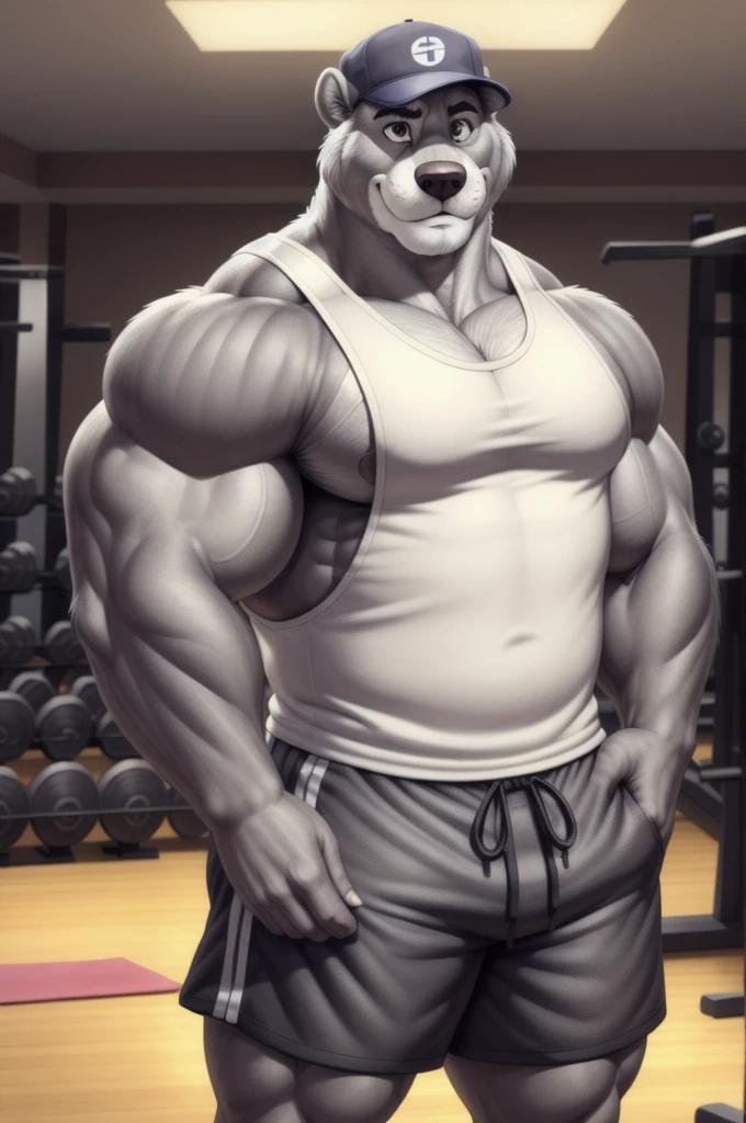 baloo, grey eyes, huge muscular male, (posing:1.3), (soft shading), 4k, hi res, five fingers, detailed hands, ((detailed face, (detailed eyes:1.0), detailed)), by zackarry911, by zaush, (by personalami:0.5), tank top, gym cap, gym shorts, gym,