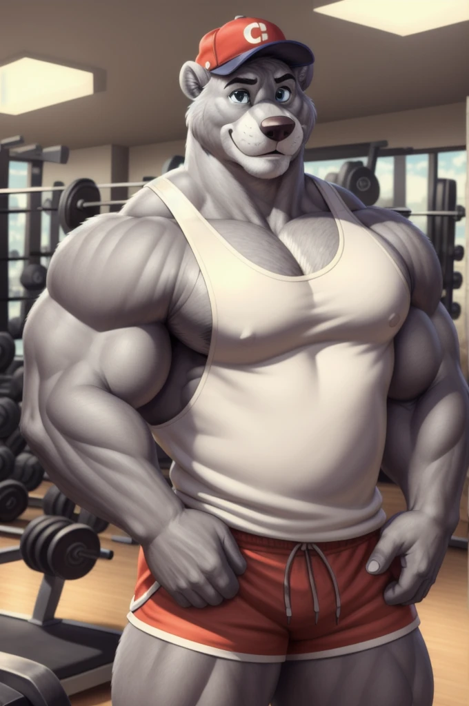 baloo, grey eyes, huge muscular male, (posing:1.3), (soft shading), 4k, hi res, five fingers, detailed hands, ((detailed face, (detailed eyes:1.0), detailed)), by zackarry911, by zaush, (by personalami:0.5), tank top, gym cap, gym shorts, gym,