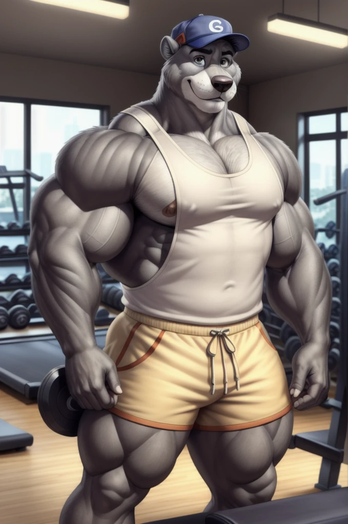 baloo, grey eyes, huge muscular male, (posing:1.3), (soft shading), 4k, hi res, five fingers, detailed hands, ((detailed face, (detailed eyes:1.0), detailed)), by zackarry911, by zaush, (by personalami:0.5), tank top, gym cap, gym shorts, gym,