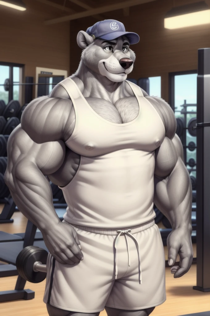 baloo, grey eyes, huge muscular male, (posing:1.3), (soft shading), 4k, hi res, five fingers, detailed hands, ((detailed face, (detailed eyes:1.0), detailed)), by zackarry911, by zaush, (by personalami:0.5), tank top, gym cap, gym shorts, gym,