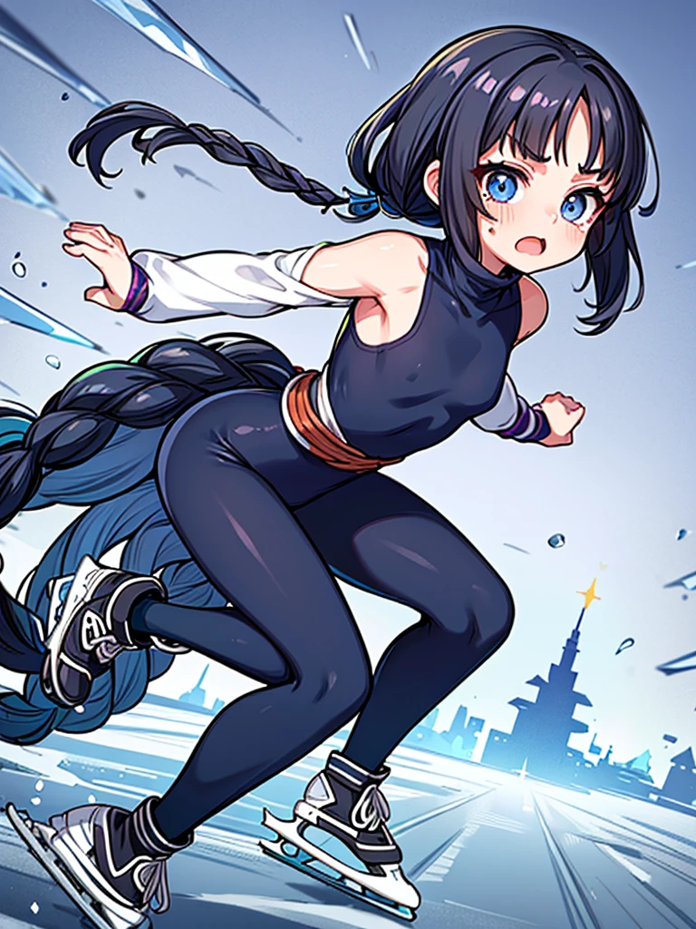 Highest quality、High resolution、Detailed Background、(Beautiful face in every detail:1.4)、Anatomically correct、(Detailed facial expressions)、(fine grain:1.2), shoot from below:1.5, Teenage Beauty、Cute hair color、Braided Ponytail、Braided bob cut、Braided twin tails、Lower grade primary school students, Speed skater, Beautiful forward leaning form, (one piece、turtleneck、No sleeve:1.5、Full Body Tights、Old-fashioned, plain skates)、Perfect body line、brake, (Desperately slipping away on the ice:1.5、Sprinting:1.5)、(I have tears in my eyes:1.5、Screaming and looking like she&#39;s about to cry)、Extreme Speed、in the forest、lake、Flowing Scenery