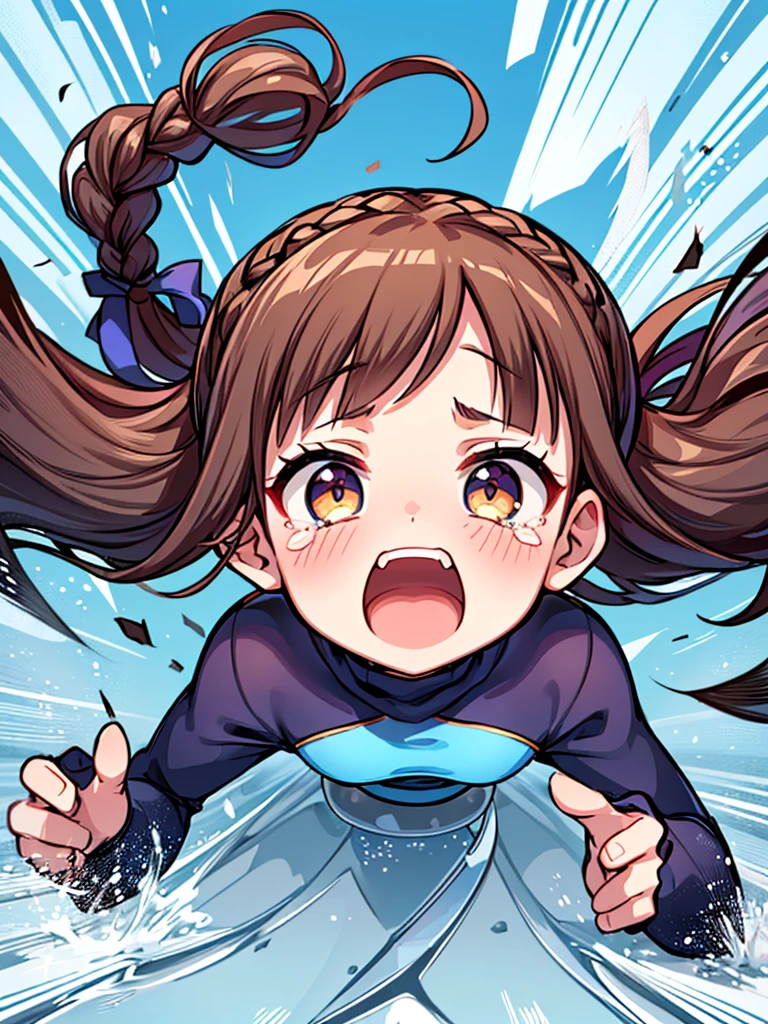 Highest quality、High resolution、Detailed Background、(Beautiful face in every detail:1.4)、Anatomically correct、(Detailed facial expressions)、(fine grain:1.2), shoot from below:1.5, age Beauty、Cute hair color、Braided Ponytail、Braided bob cut、Braided twin tails、Lower grade primary school students, Speed skater, Beautiful forward leaning form, (one piece、turtleneck、No sleeve:1.5、Full Body Tights、Old-fashioned, plain skates)、Perfect body line、brake, (Desperately slipping away on the ice:1.5、Spting:1.5)、(I have tears in my eyes:1.5、Screag and looking like she's about to cry)、Extreme Speed、in the forest、lake、Flowing Scenery