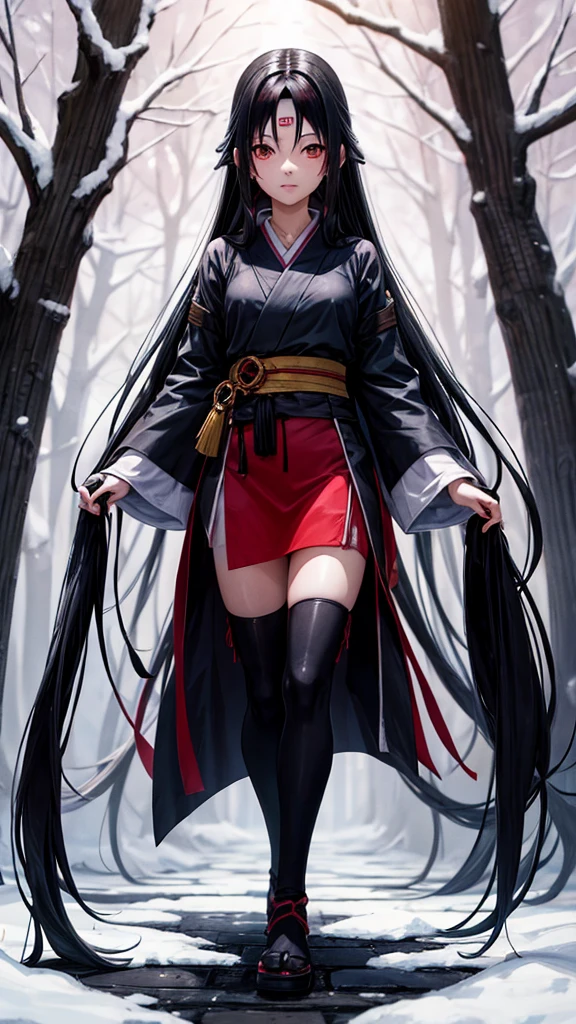 Girl, long black hair, Itachi&#39;s female appearance, black and red robes, sharingan eyes, background in konoha