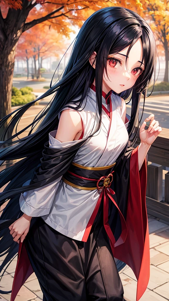 Girl, long black hair, Itachi&#39;s female appearance, black and red robes, sharingan eyes, background in konoha