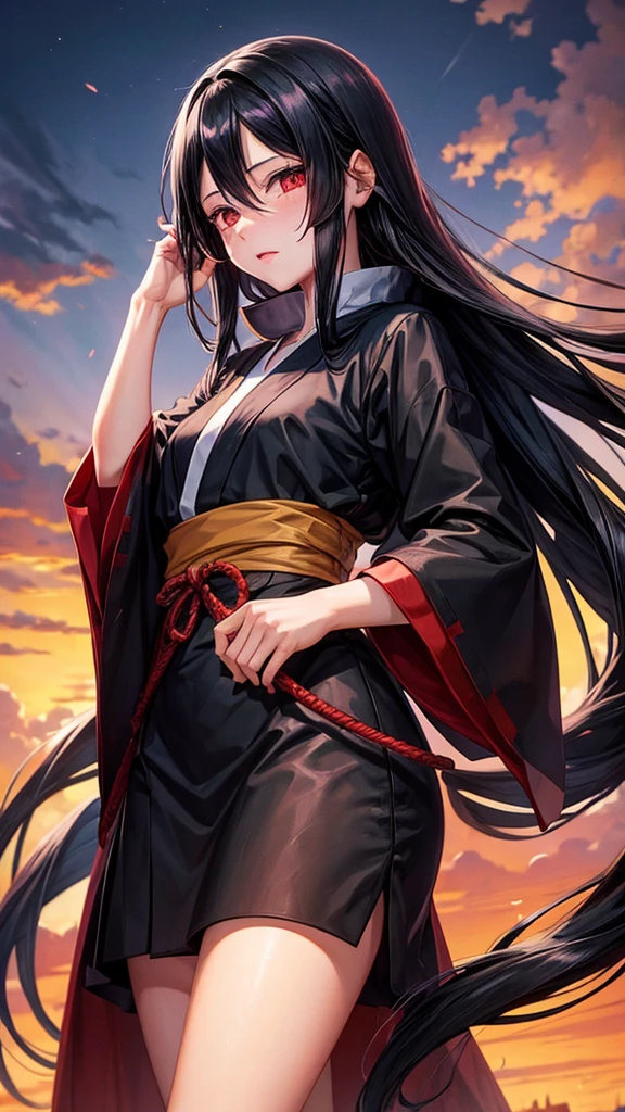 Girl, long black hair, Itachi&#39;s female appearance, black and red robes, sharingan eyes, background in konoha