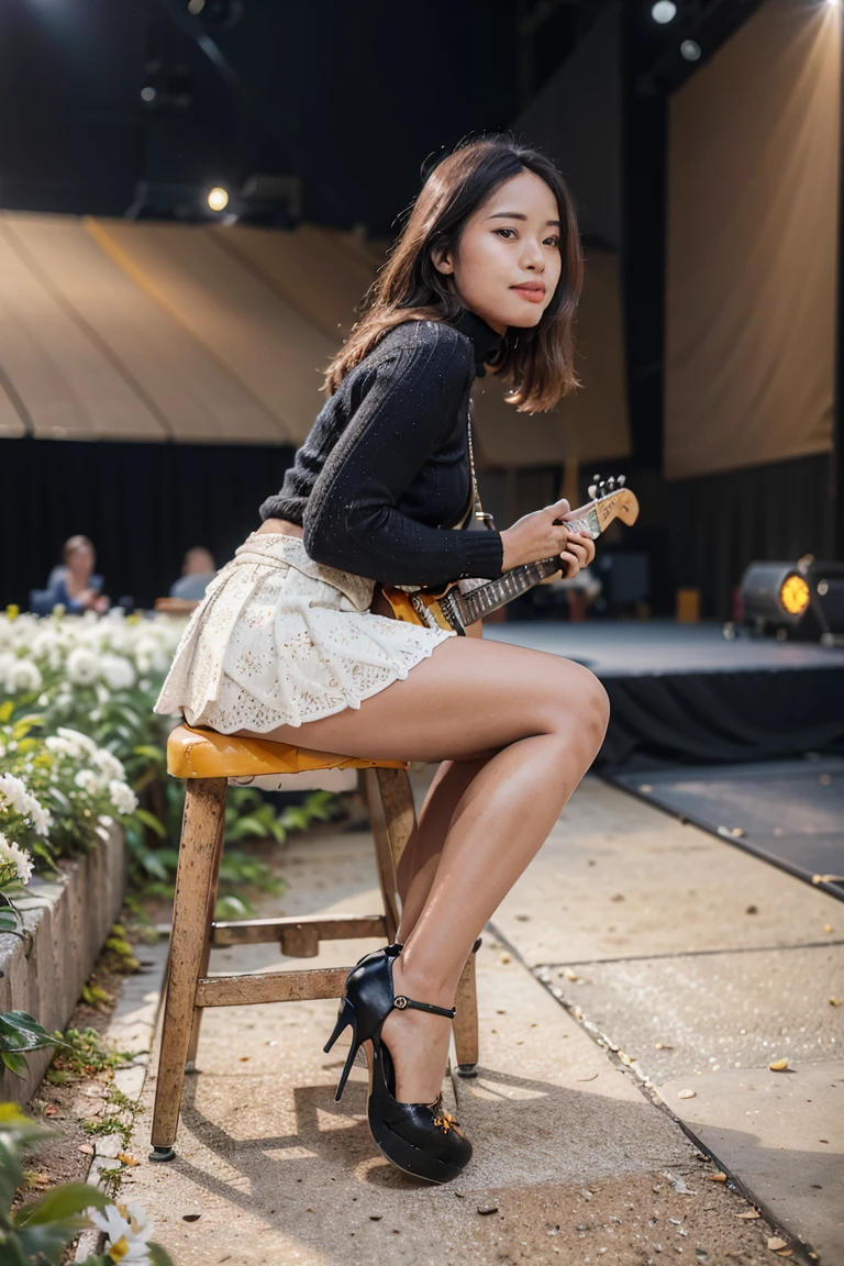 masterpiece, best quality, ultra detailed, high resolution, 1 girl, ((pretty lady MoonLay)), Burmese girl, ((pretty lady MoonLay's seductive sweet face with sweet smile:1.2)), ((playing guitar:1.5)), ((singing with confident)), ((electric guitar)), ((stage background:1.5)), golden hour setting, 8k, (black sweater turtleneck tight blouse), ((many white flowers pattern printed on black mini tight skirt:1.2)), (stylishly sitting on stylish stage stool), (((crossing legs:1.1))), (stiletto high heel), ((full body tilted side view:1.5)), ((blur background with star shaped bokeh effect to highlight portrait better)), (vibrant HDR lighting),