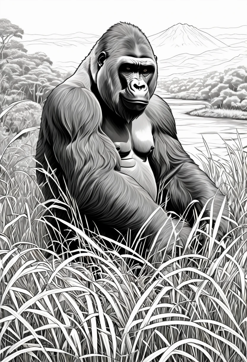 coloring book black and white white gorilla in a bushes tall grass on a hill with river in a front no greyscale no shading no shade no shadows