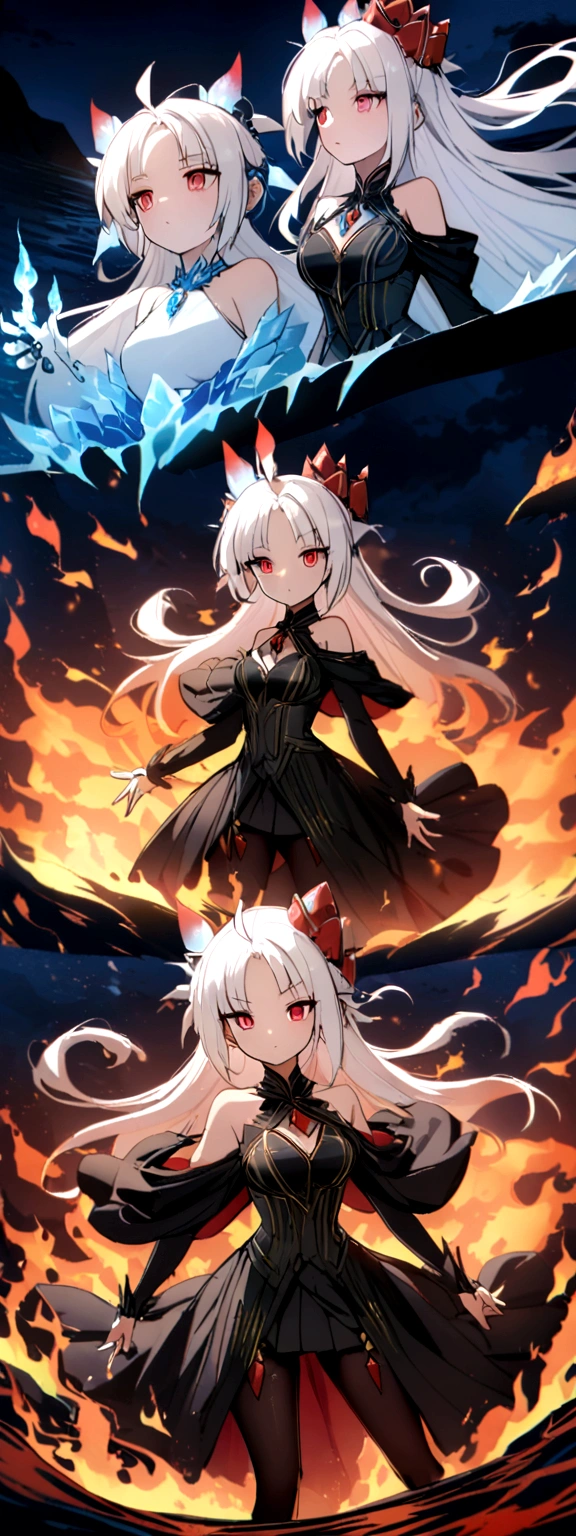 Kizi, long white hair, scarlet red eyes, white undershirt, black coat falling off the shoulders, Black Skirt, black transparent pantyhose, fire and ice power, night castle in the middle of the sea