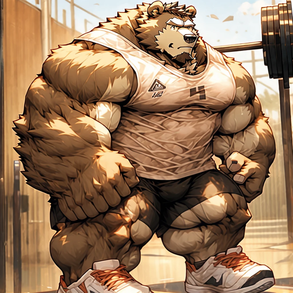 Huge muscle bear in his tank top gym shorts and shoes doing weightlifting at the gym