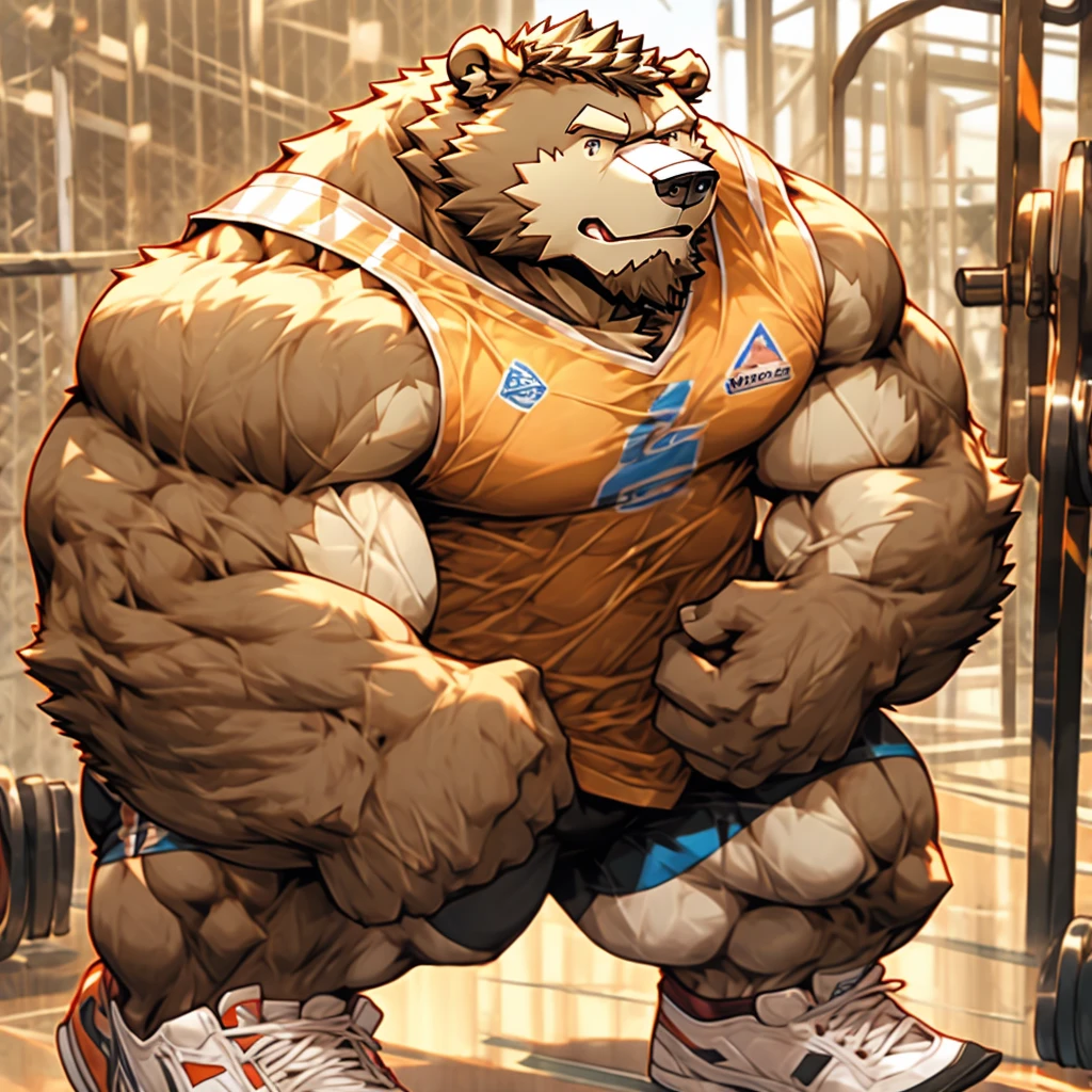 Huge muscle bear in his tank top gym shorts and shoes doing weightlifting at the gym