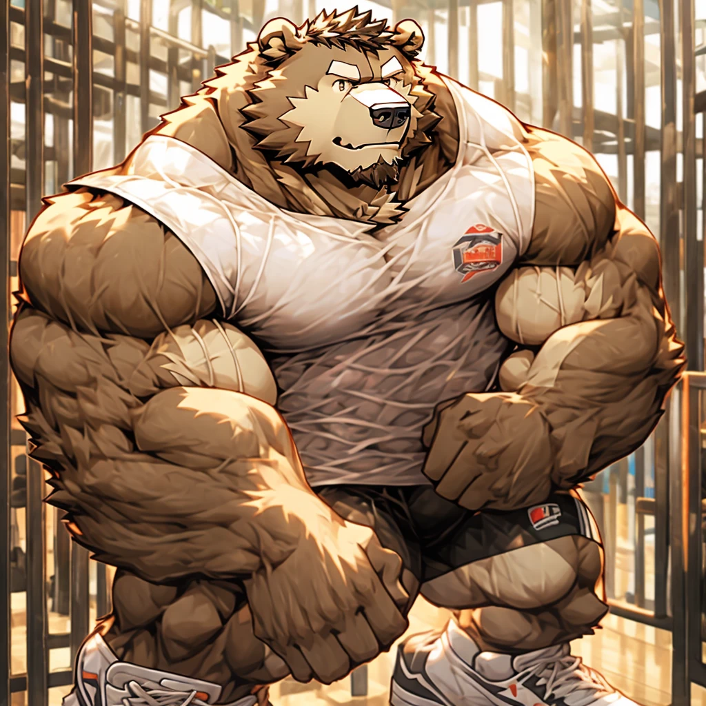 Huge muscle bear in his tank top gym shorts and shoes doing weightlifting at the gym