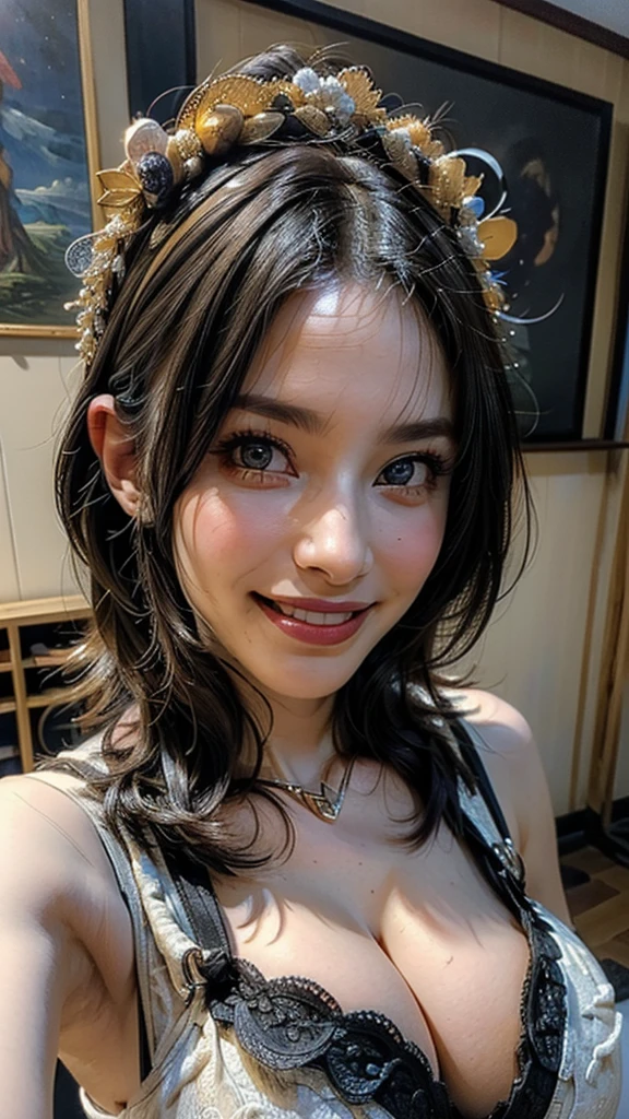 (Absurdly , high quality , Super detailed:1.2 ) ,( Handcrafted details ) , (Highly detailed beautiful face:1.4), ((Highest quality)), ((masterpiece)),smile ,beautiful woman, ((highest quality)), ((masterpiece)), (be familiar with), perfect face、(8K, highest quality, masterpiece:1.2),(highest quality:1.0), (ultra high resolution:1.0),((Natural big breasts:1.2)),((Upper Body))