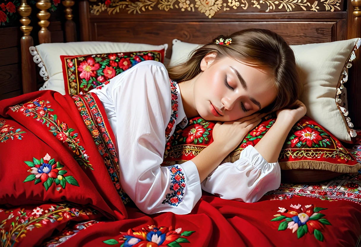 Russian beautiful girl sleeping on a wooden bed, Brown hair, hand under cheek, shirt with national pattern, pillow embroidered with scarlet flowers, red blanket with gold embroidery