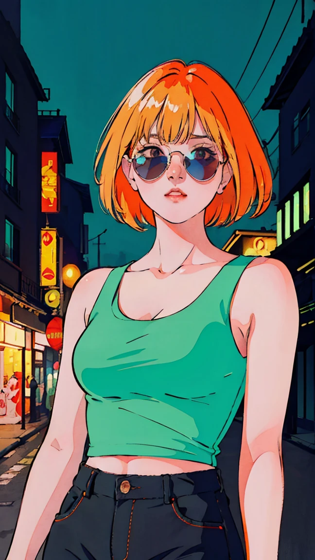 a beatiful  woman orange wave hair, with tattoos, wearing a white tank top and sunglasses, a city behind her, in the style of neon realism, charming characters, action, gadgetpunk, solapunk, colorful street scenes, crimson and amber, NeonNoir, soft lighting, night, nighttime, realistic, red lighting, green lighting, hard shadow, masterpiece, best quality, Intricate, modelshoot style, vintage, film grain, Incomplete details